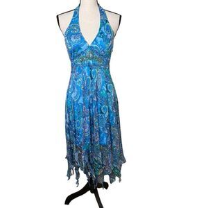 Lotus Evening Blue Paisley Empire Waist Beaded Fairy Dress Sz 4 Y2K, Cocktail